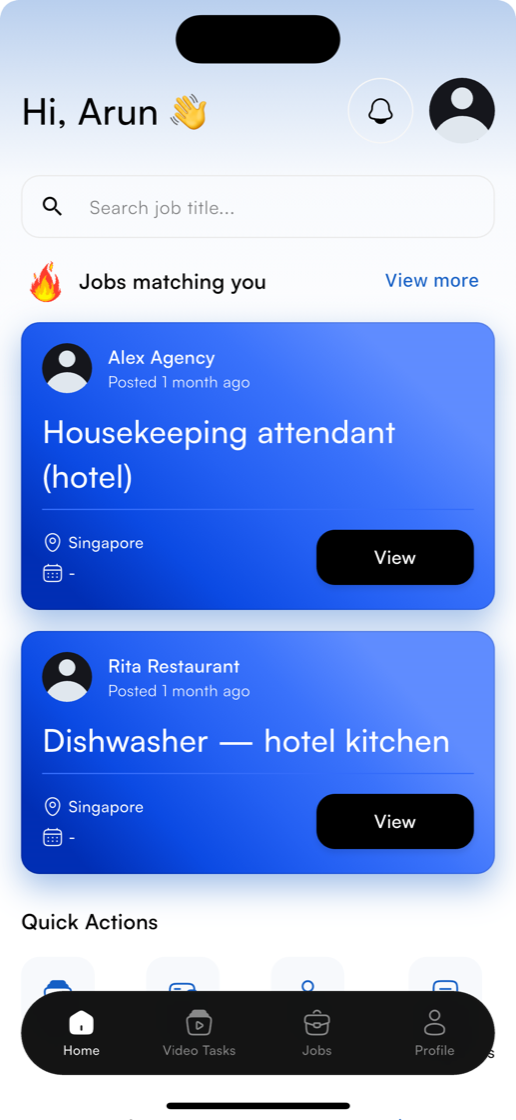 The TimeToHire worker app: a greeting, a job search box, and matched jobs from a hotel and a restaurant with the recruiter, location and an apply action
